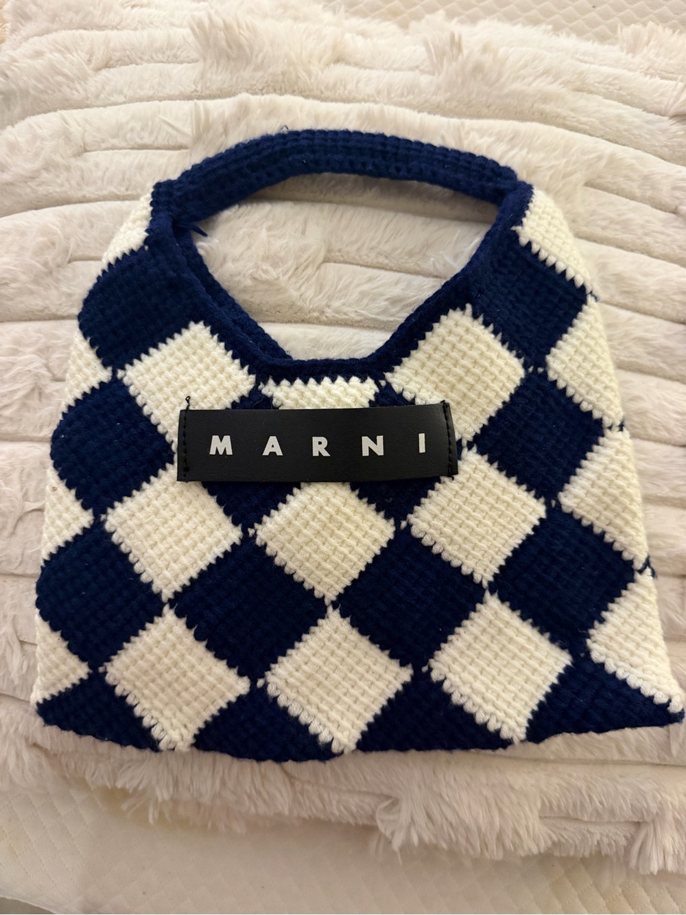 Marni Navy and White Checker Knit Shoulder Tote